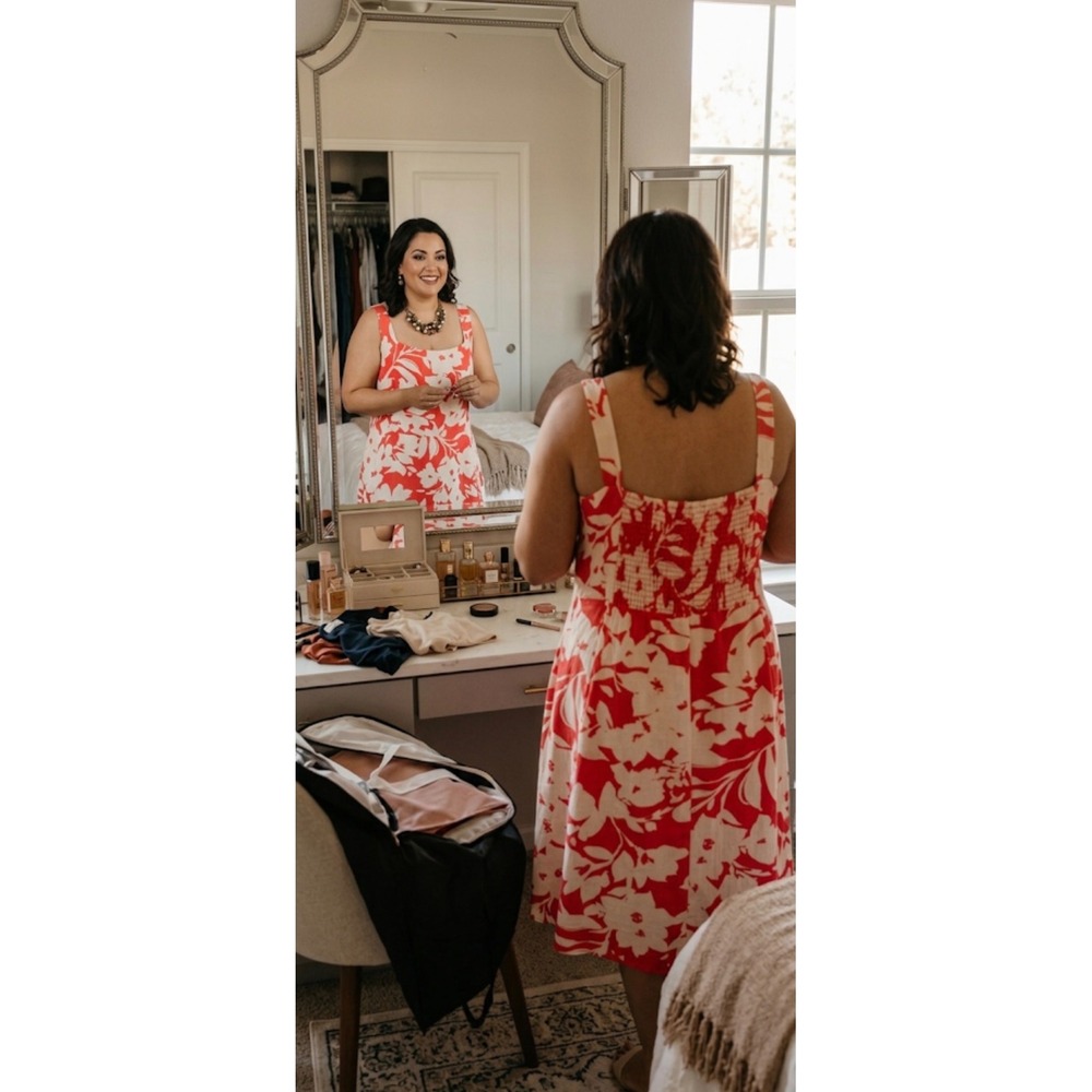 Vince Camuto Reddish Orange Cream Linen Blend Tropical Floral Midi Dress‎ New 2X